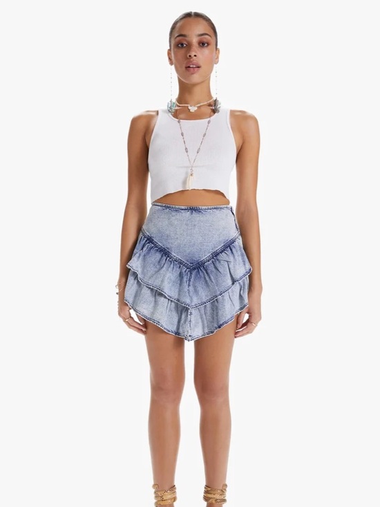 MOTHER Dresses & Skirts - MOTHER The Ruffle Threading Needle Blue Tiered Ruffle Denim Mini Skirt 26